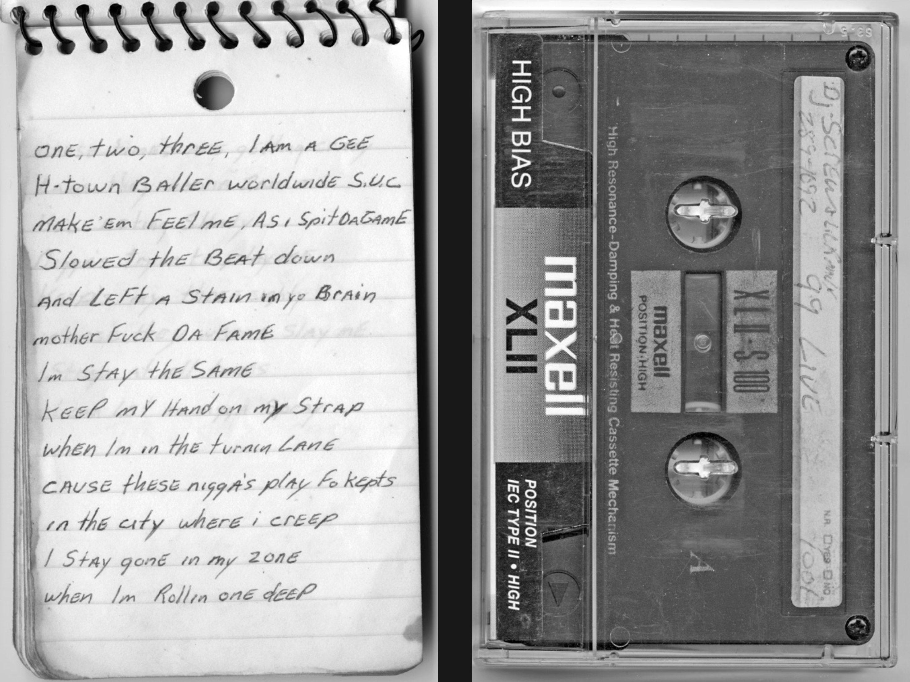 Screw’s notebook and a Screw tape from 1999. Courtesy of University of Houston Libraries Special Collections.